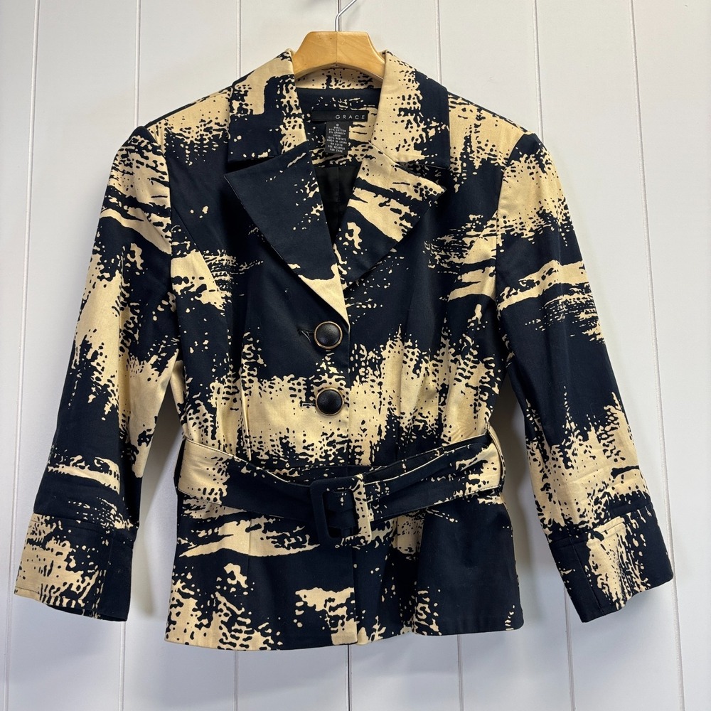 Grace Office Art Deco Belted Blazer Jacket Women Size 8 Abstract Avant Garde